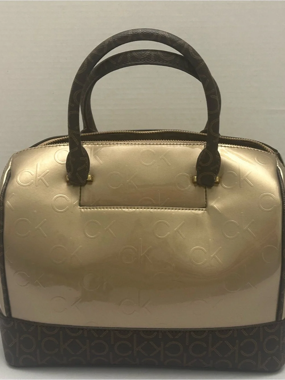 Calvin Klein Metallic Gold and Brown Dome Satchel with Removable Pouch